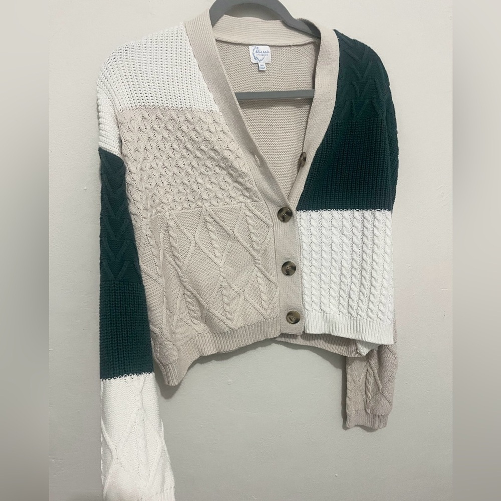 Francesca’s Tan Green Color Block Oversized Button Sweater Cardigan XS
